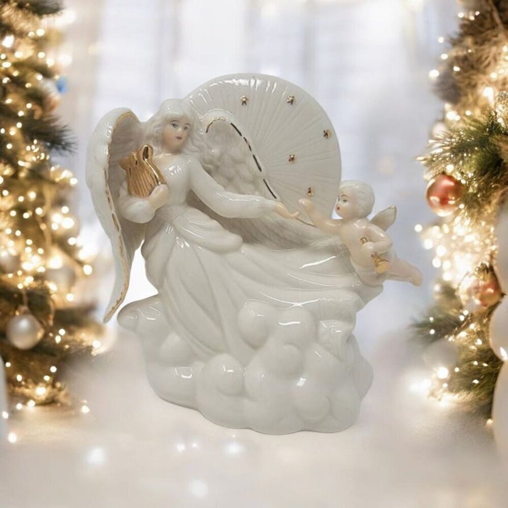 Vintage Christmas Decor Avon Angel & Cherub Porcelain Figurine Gold Stars 1998